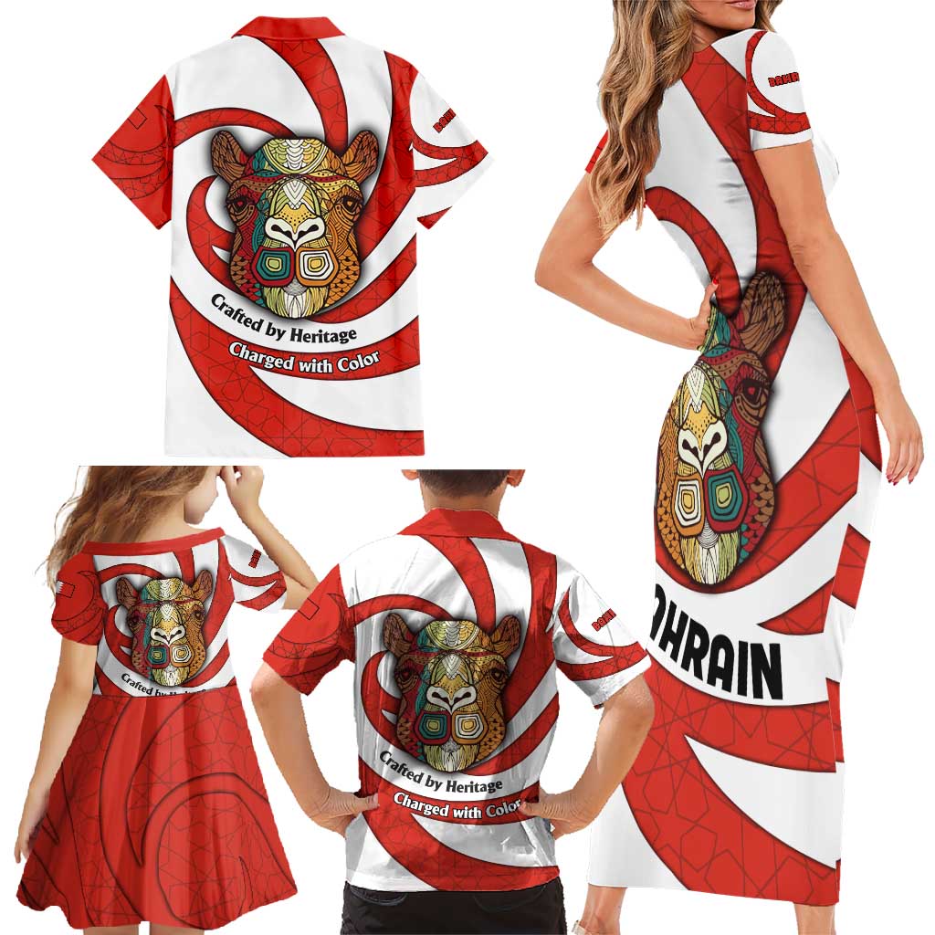 Bahrain Tribal Camel Family Matching Short Sleeve Bodycon Dress and Hawaiian Shirt with Red Mosaic Swirl and Heritage Slogan