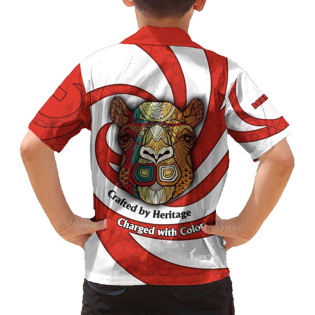 Bahrain Tribal Camel Family Matching Summer Maxi Dress and Hawaiian Shirt with Red Mosaic Swirl and Heritage Slogan