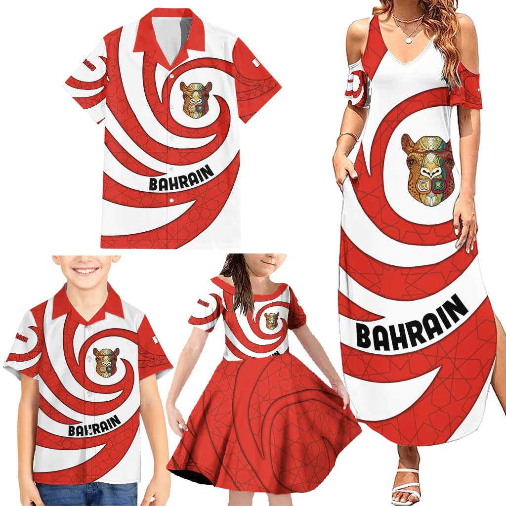 Bahrain Tribal Camel Family Matching Summer Maxi Dress and Hawaiian Shirt with Red Mosaic Swirl and Heritage Slogan