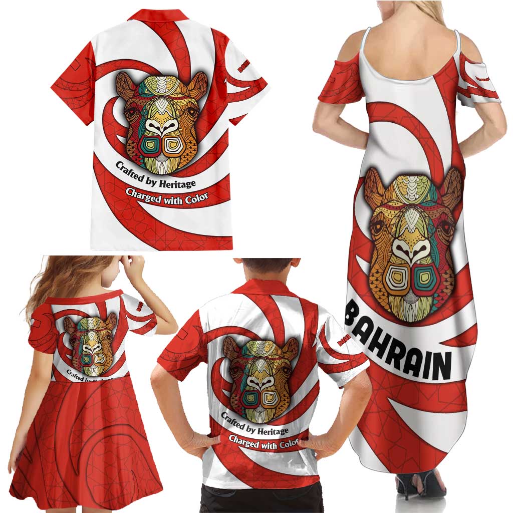 Bahrain Tribal Camel Family Matching Summer Maxi Dress and Hawaiian Shirt with Red Mosaic Swirl and Heritage Slogan