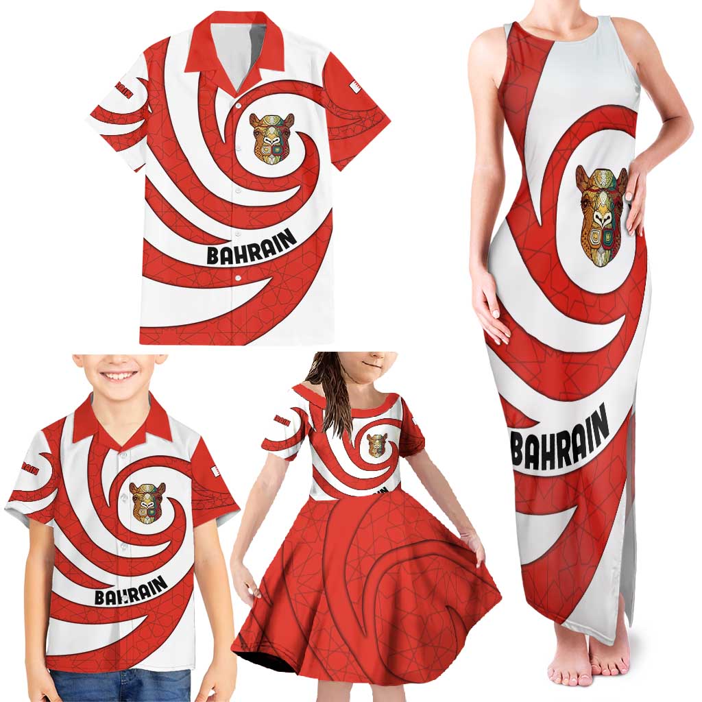 Bahrain Tribal Camel Family Matching Tank Maxi Dress and Hawaiian Shirt with Red Mosaic Swirl and Heritage Slogan