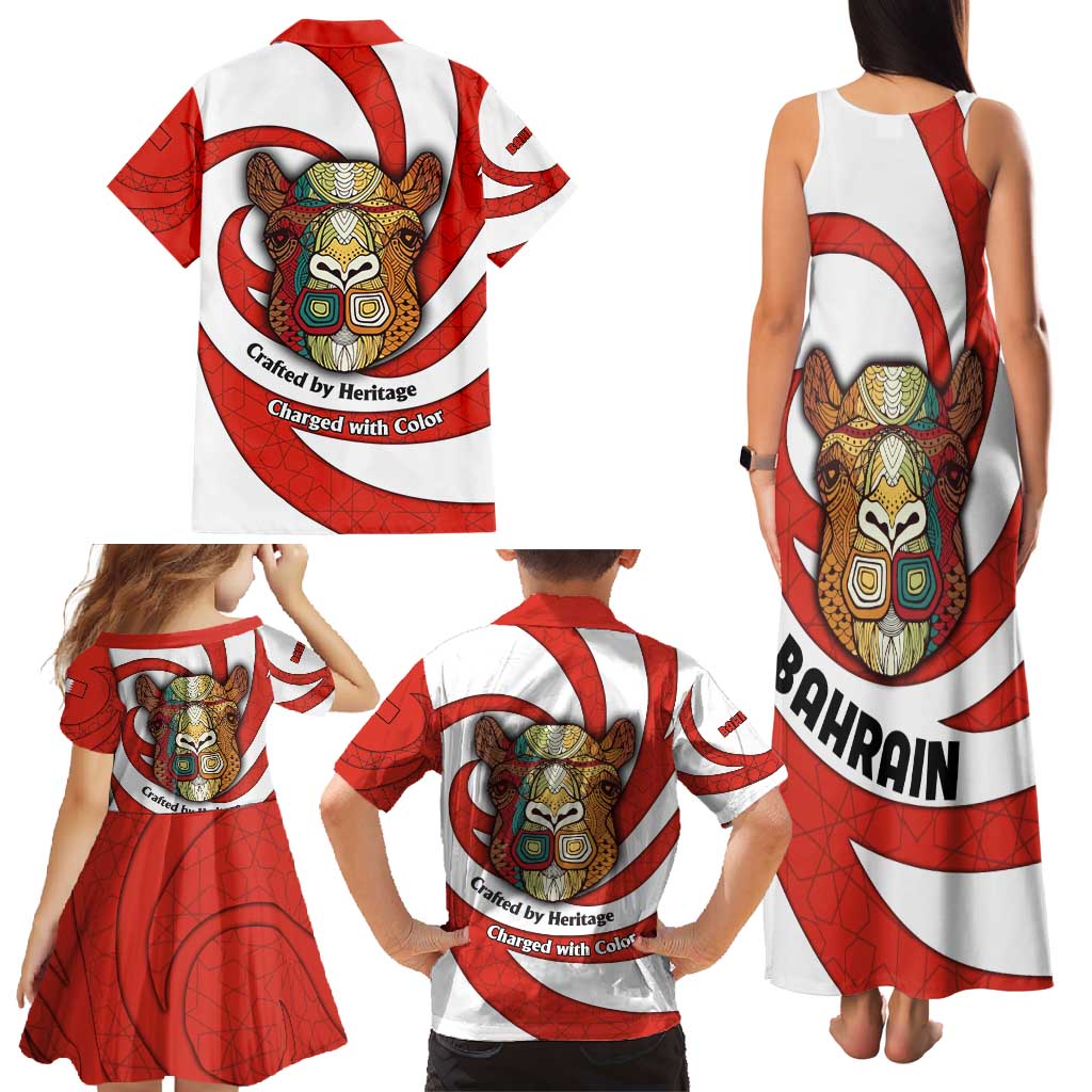 Bahrain Tribal Camel Family Matching Tank Maxi Dress and Hawaiian Shirt with Red Mosaic Swirl and Heritage Slogan