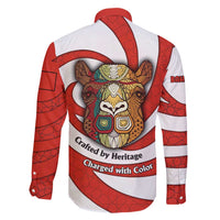 Bahrain Tribal Camel Family Matching Tank Maxi Dress and Hawaiian Shirt with Red Mosaic Swirl and Heritage Slogan