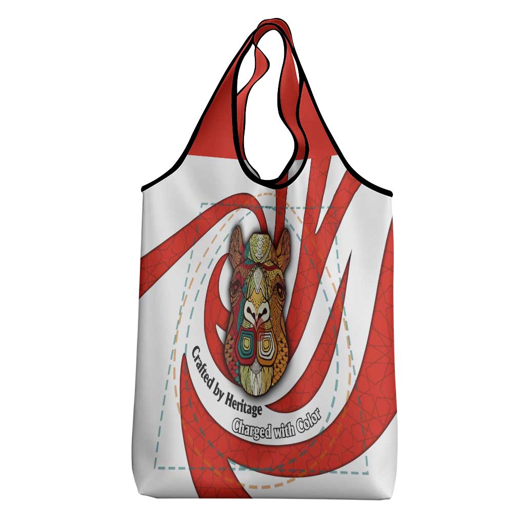 Bahrain Tribal Camel Grocery Bag with Red Mosaic Swirl and Heritage Slogan