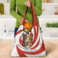 Bahrain Tribal Camel Grocery Bag with Red Mosaic Swirl and Heritage Slogan