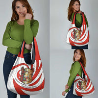 Bahrain Tribal Camel Grocery Bag with Red Mosaic Swirl and Heritage Slogan