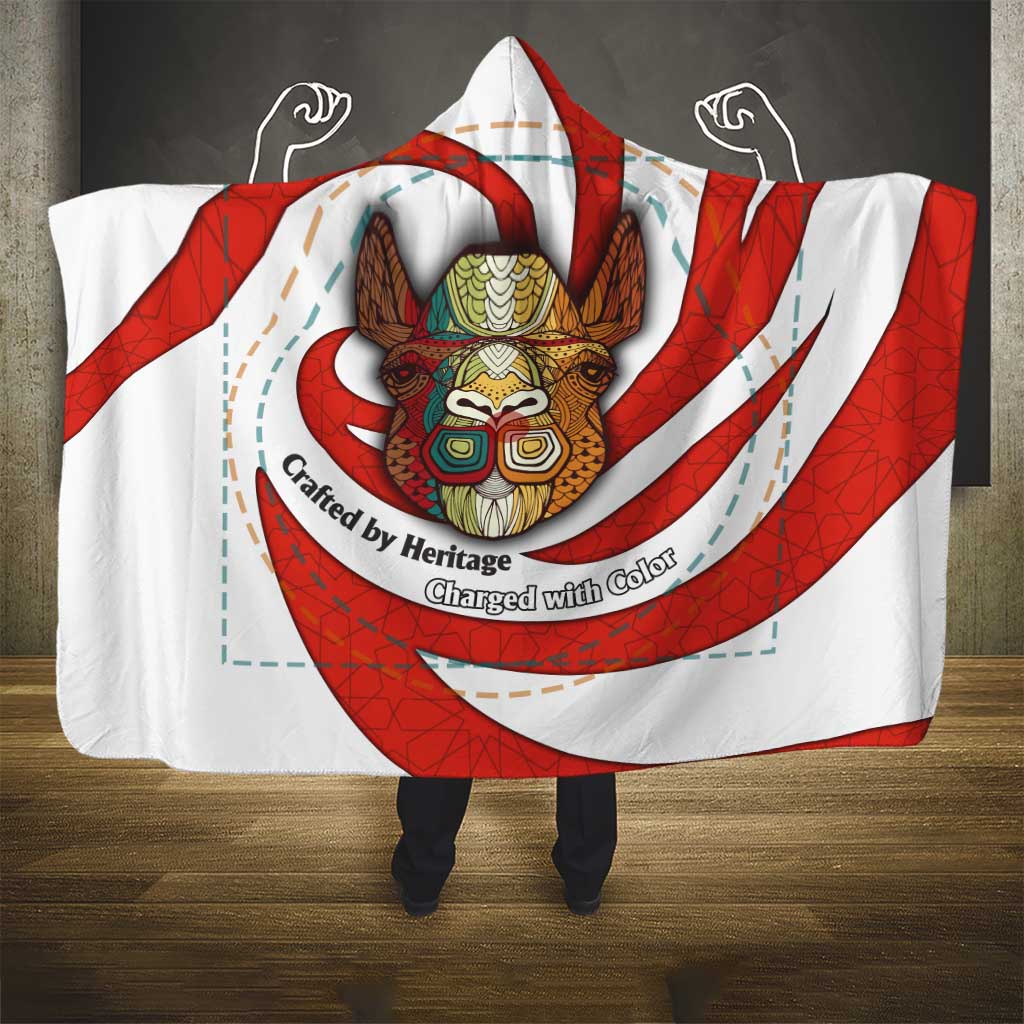Bahrain Tribal Camel Hooded Blanket with Red Mosaic Swirl and Heritage Slogan