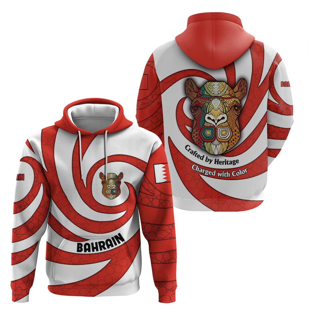 Bahrain Tribal Camel Hoodie with Red Mosaic Swirl and Heritage Slogan