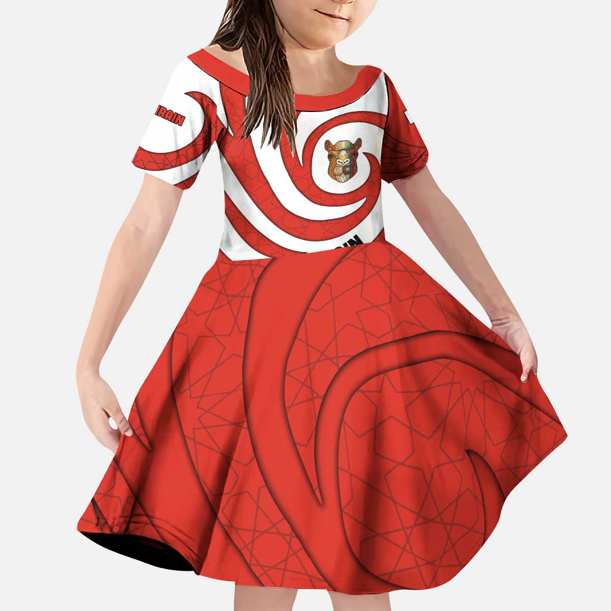 Bahrain Tribal Camel Kid Short Sleeve Dress with Red Mosaic Swirl and Heritage Slogan