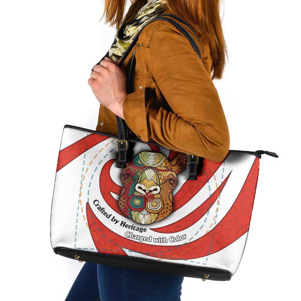 Bahrain Tribal Camel Leather Tote Bag with Red Mosaic Swirl and Heritage Slogan