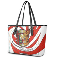 Bahrain Tribal Camel Leather Tote Bag with Red Mosaic Swirl and Heritage Slogan