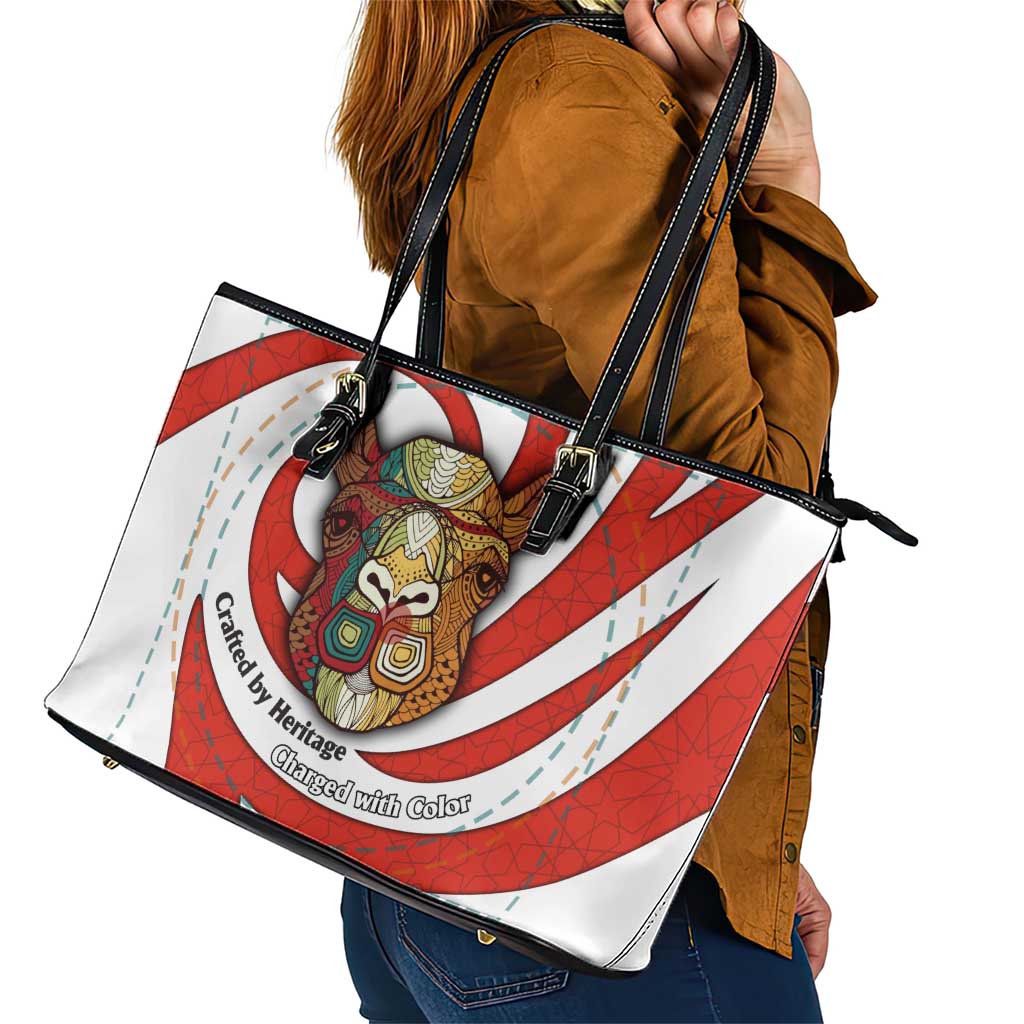 Bahrain Tribal Camel Leather Tote Bag with Red Mosaic Swirl and Heritage Slogan