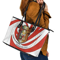 Bahrain Tribal Camel Leather Tote Bag with Red Mosaic Swirl and Heritage Slogan