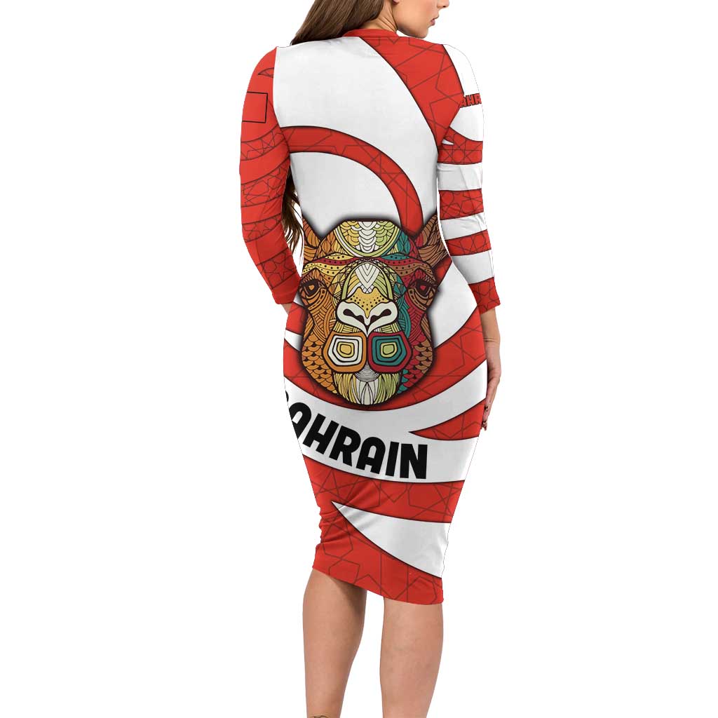 Bahrain Tribal Camel Long Sleeve Bodycon Dress with Red Mosaic Swirl and Heritage Slogan