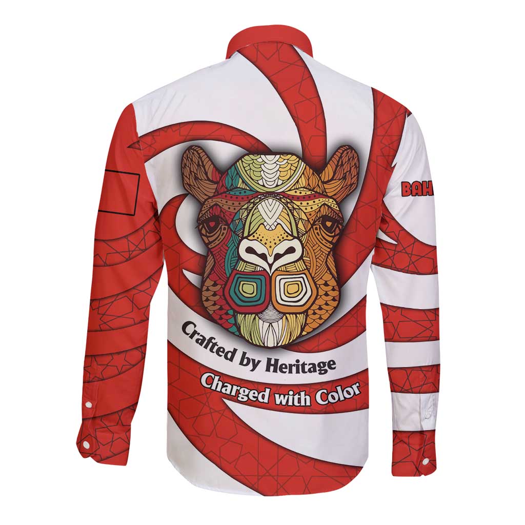 Bahrain Tribal Camel Long Sleeve Button Shirt with Red Mosaic Swirl and Heritage Slogan