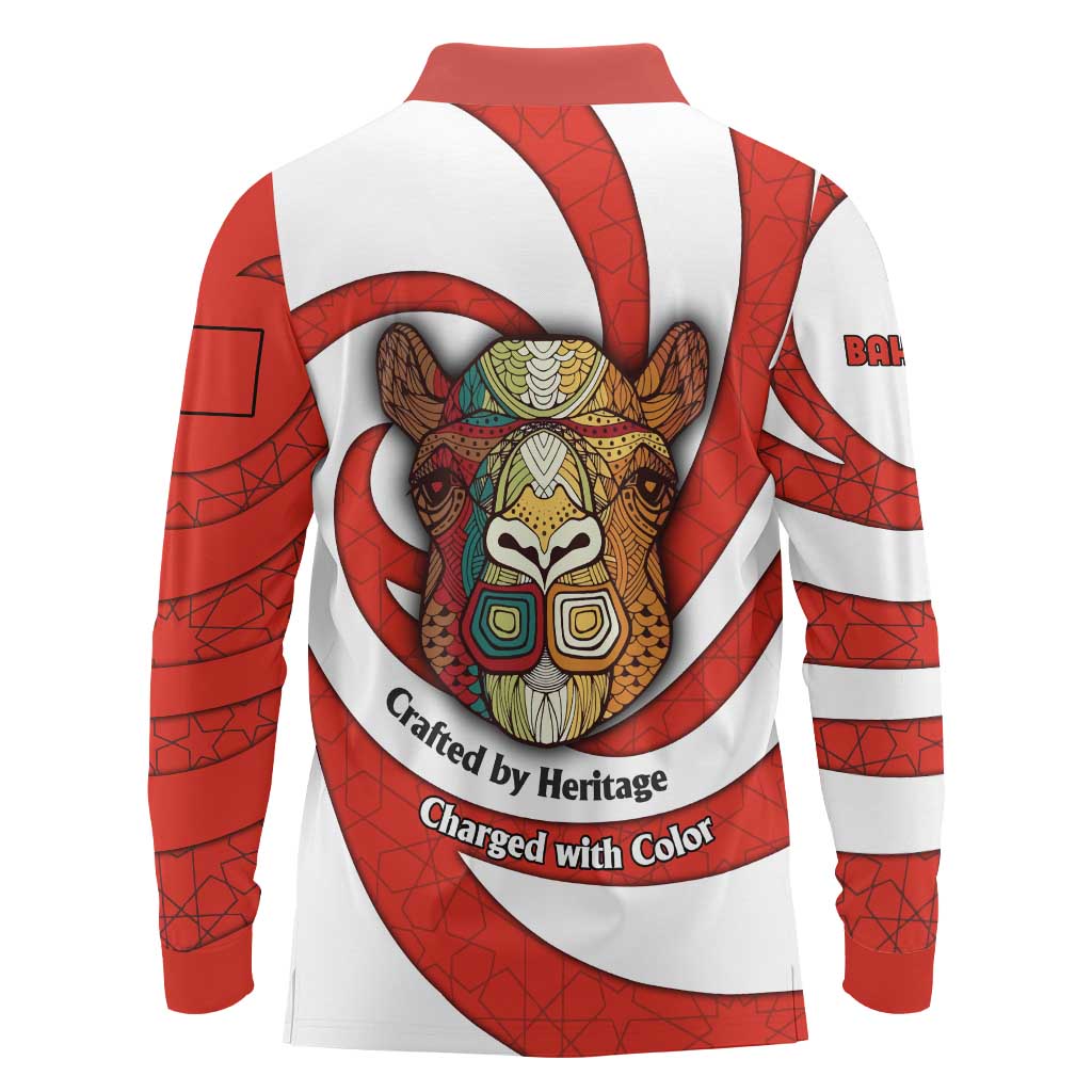 Bahrain Tribal Camel Long Sleeve Polo Shirt with Red Mosaic Swirl and Heritage Slogan