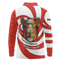Bahrain Tribal Camel Long Sleeve Polo Shirt with Red Mosaic Swirl and Heritage Slogan