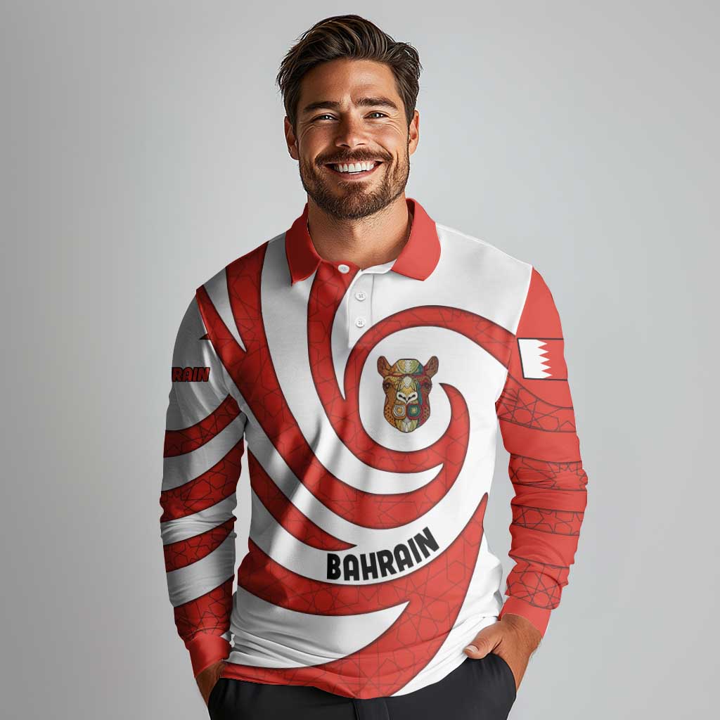 Bahrain Tribal Camel Long Sleeve Polo Shirt with Red Mosaic Swirl and Heritage Slogan