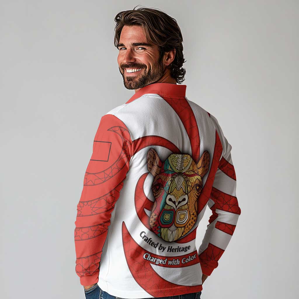 Bahrain Tribal Camel Long Sleeve Polo Shirt with Red Mosaic Swirl and Heritage Slogan