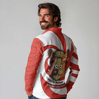 Bahrain Tribal Camel Long Sleeve Polo Shirt with Red Mosaic Swirl and Heritage Slogan