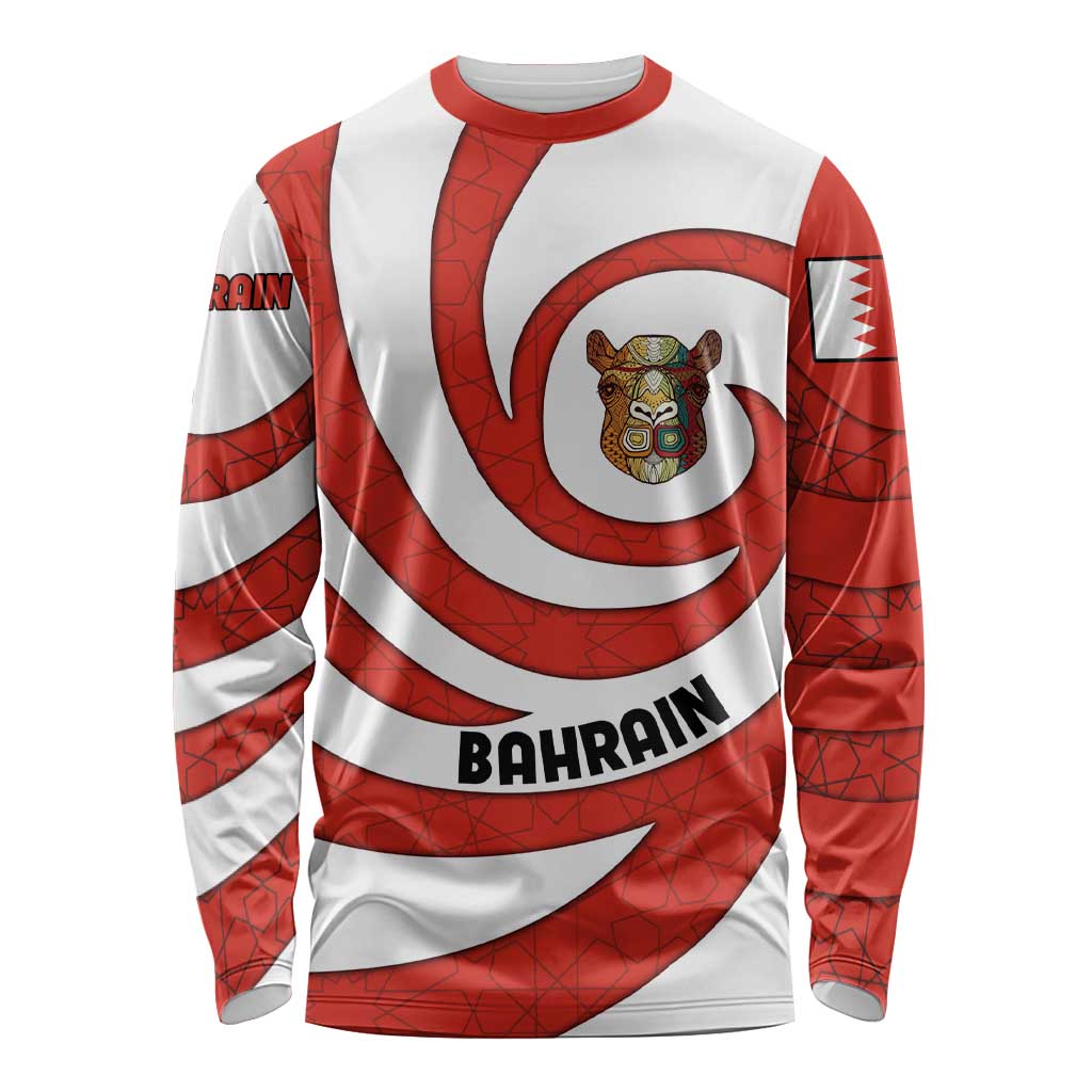 Bahrain Tribal Camel Long Sleeve Shirt with Red Mosaic Swirl and Heritage Slogan