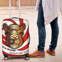 Bahrain Tribal Camel Luggage Cover with Red Mosaic Swirl and Heritage Slogan