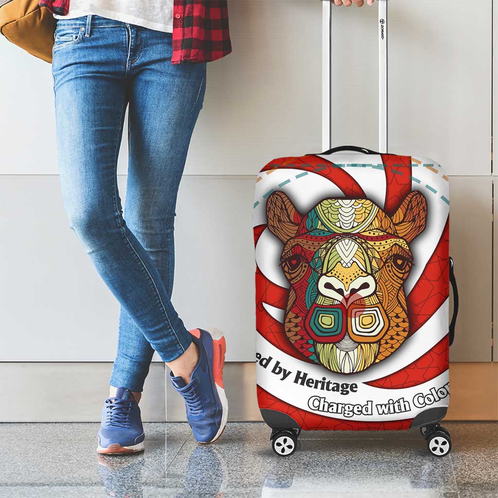 Bahrain Tribal Camel Luggage Cover with Red Mosaic Swirl and Heritage Slogan
