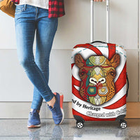 Bahrain Tribal Camel Luggage Cover with Red Mosaic Swirl and Heritage Slogan