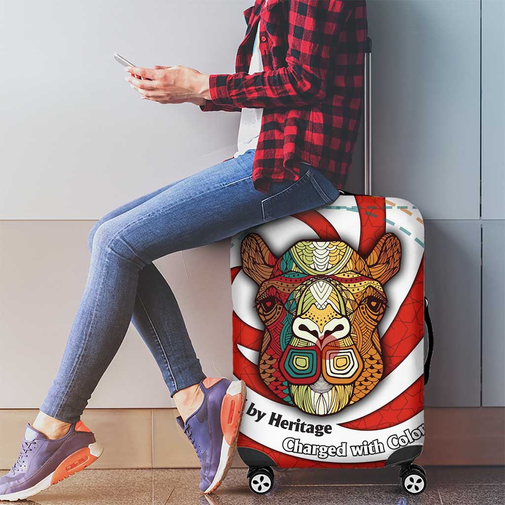 Bahrain Tribal Camel Luggage Cover with Red Mosaic Swirl and Heritage Slogan