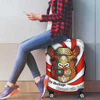 Bahrain Tribal Camel Luggage Cover with Red Mosaic Swirl and Heritage Slogan