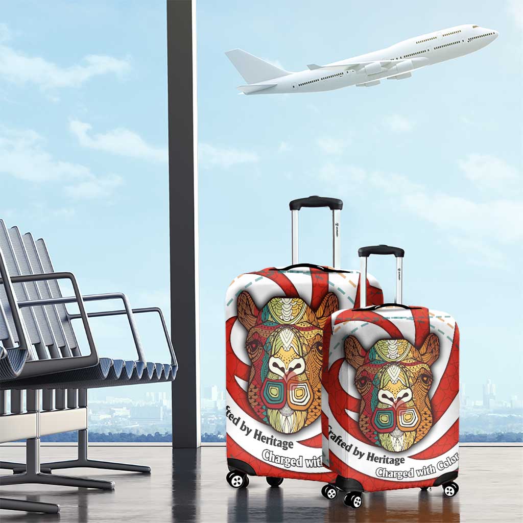 Bahrain Tribal Camel Luggage Cover with Red Mosaic Swirl and Heritage Slogan