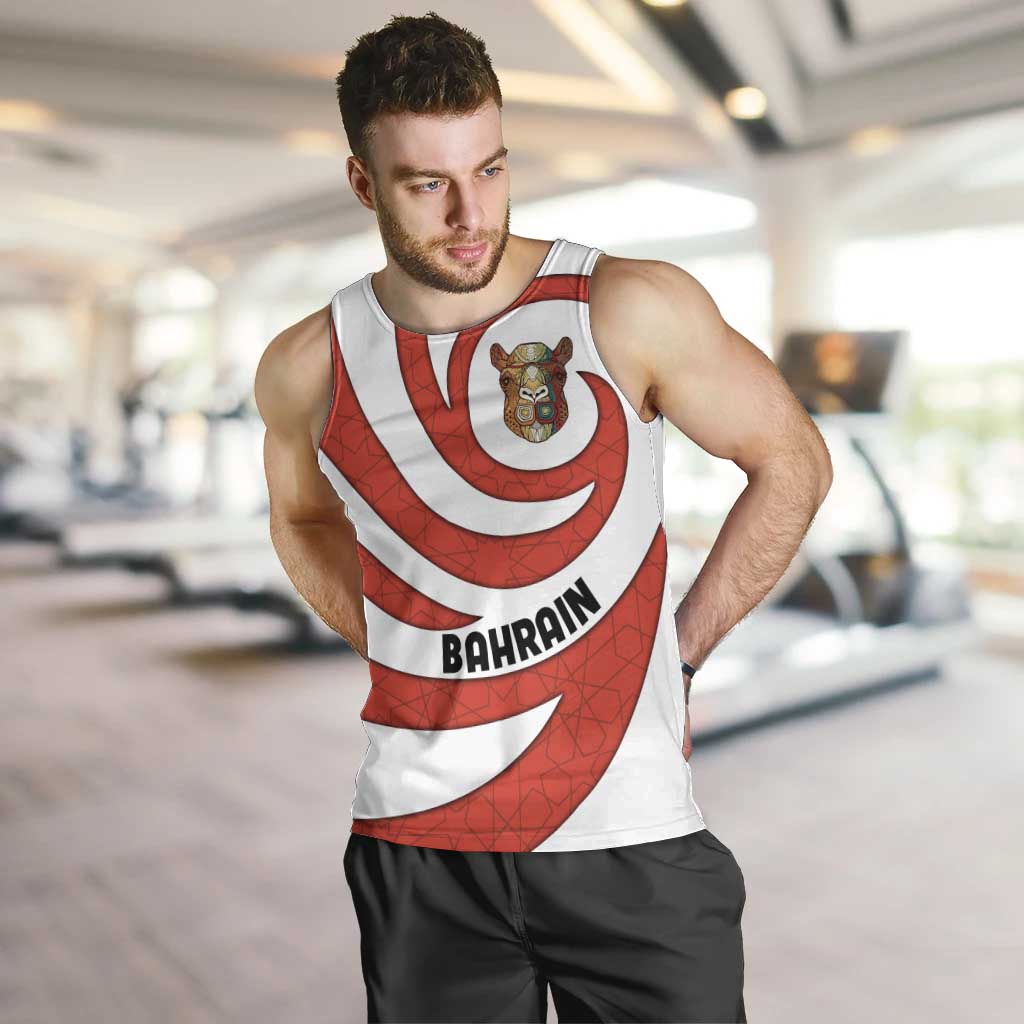 Bahrain Tribal Camel Men Tank Top with Red Mosaic Swirl and Heritage Slogan