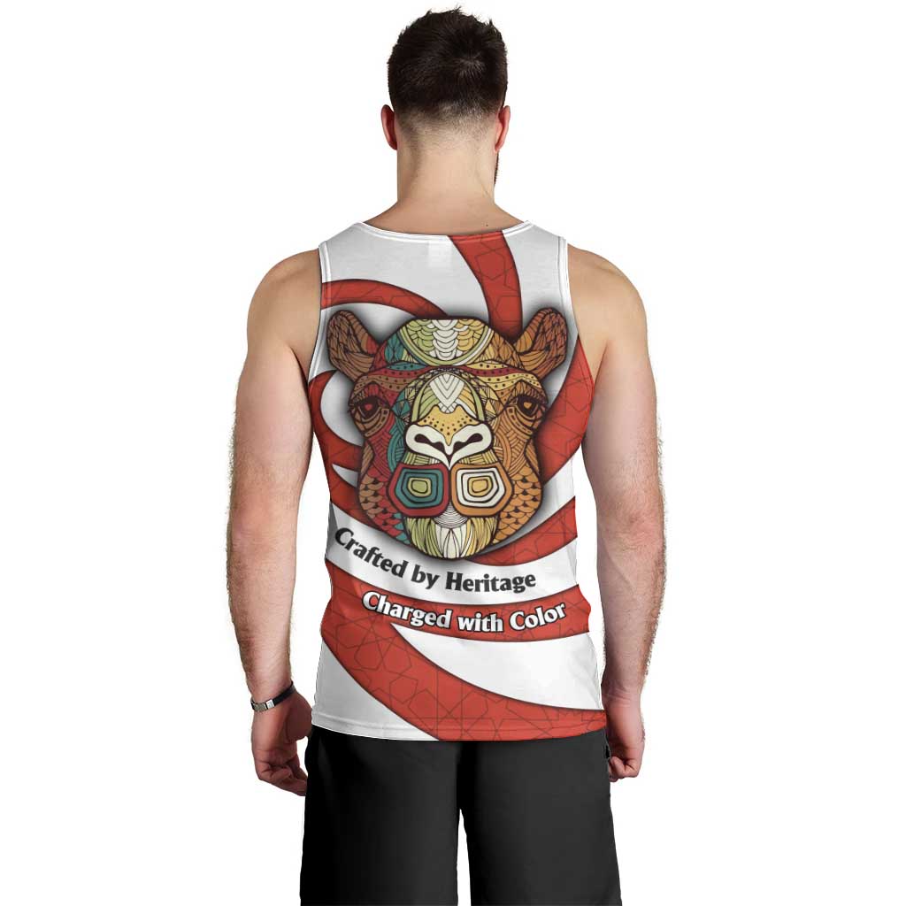 Bahrain Tribal Camel Men Tank Top with Red Mosaic Swirl and Heritage Slogan