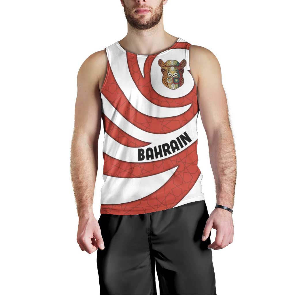 Bahrain Tribal Camel Men Tank Top with Red Mosaic Swirl and Heritage Slogan