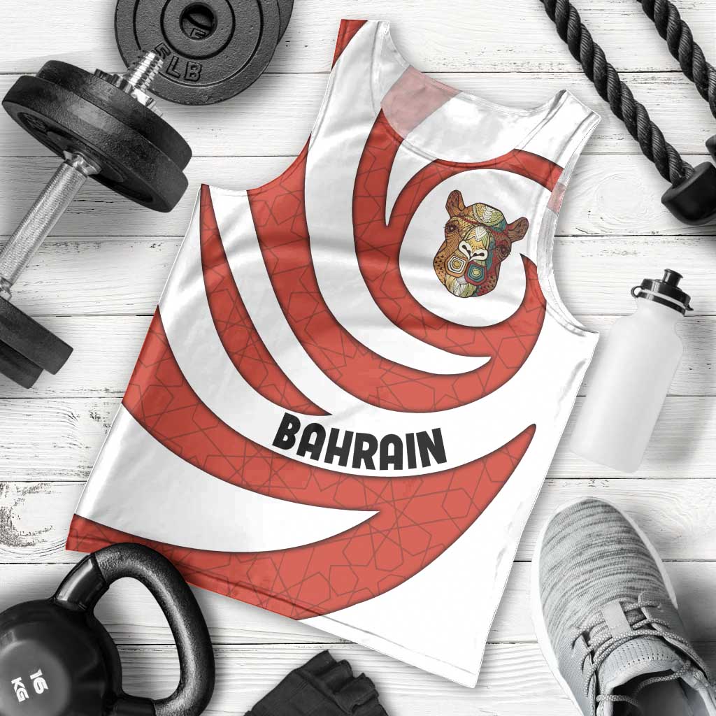 Bahrain Tribal Camel Men Tank Top with Red Mosaic Swirl and Heritage Slogan