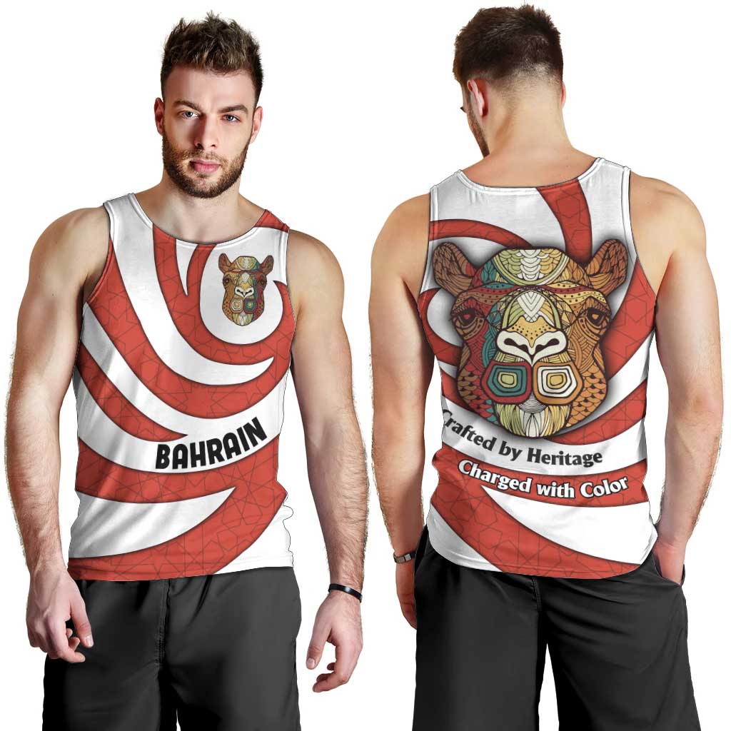 Bahrain Tribal Camel Men Tank Top with Red Mosaic Swirl and Heritage Slogan