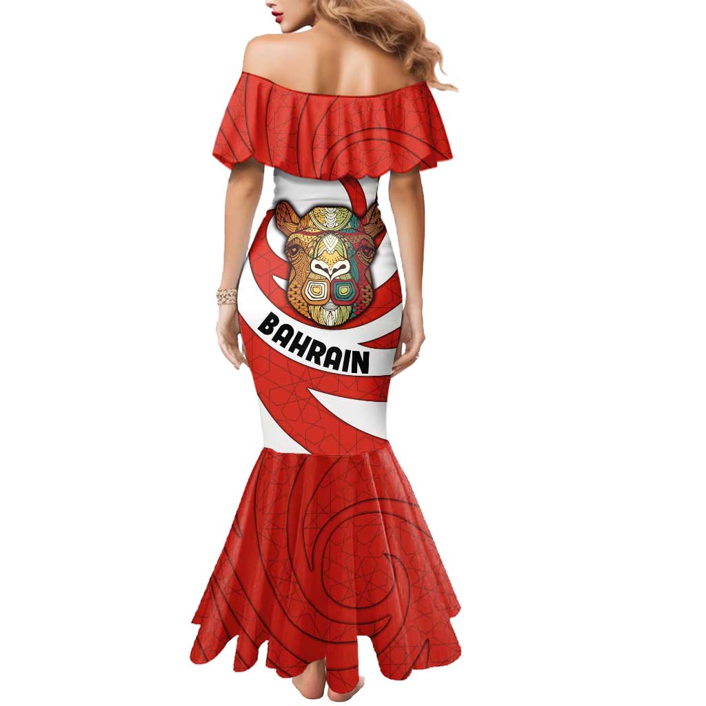 Bahrain Tribal Camel Mermaid Dress with Red Mosaic Swirl and Heritage Slogan