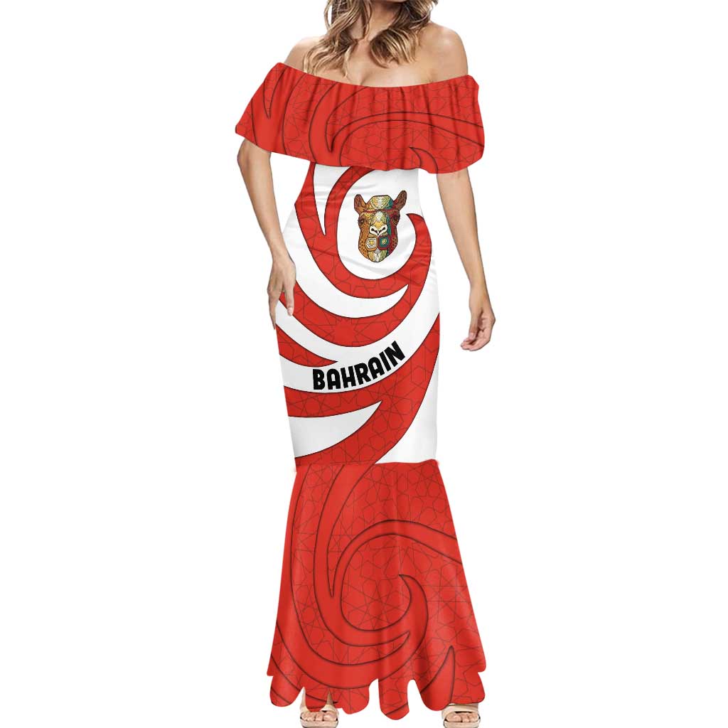 Bahrain Tribal Camel Mermaid Dress with Red Mosaic Swirl and Heritage Slogan