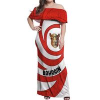 Bahrain Tribal Camel Off Shoulder Maxi Dress with Red Mosaic Swirl and Heritage Slogan