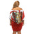 Bahrain Tribal Camel Off Shoulder Short Dress with Red Mosaic Swirl and Heritage Slogan