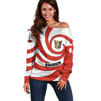 Bahrain Tribal Camel Off Shoulder Sweater with Red Mosaic Swirl and Heritage Slogan
