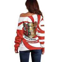 Bahrain Tribal Camel Off Shoulder Sweater with Red Mosaic Swirl and Heritage Slogan