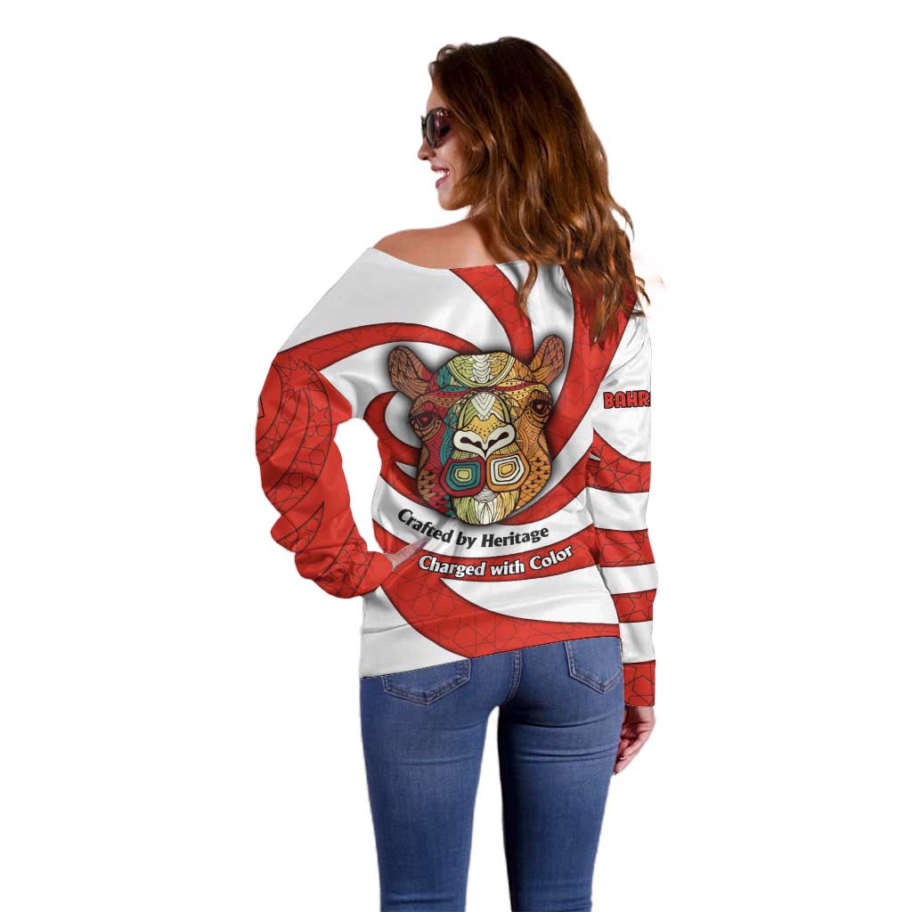 Bahrain Tribal Camel Off Shoulder Sweater with Red Mosaic Swirl and Heritage Slogan