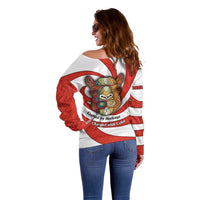 Bahrain Tribal Camel Off Shoulder Sweater with Red Mosaic Swirl and Heritage Slogan