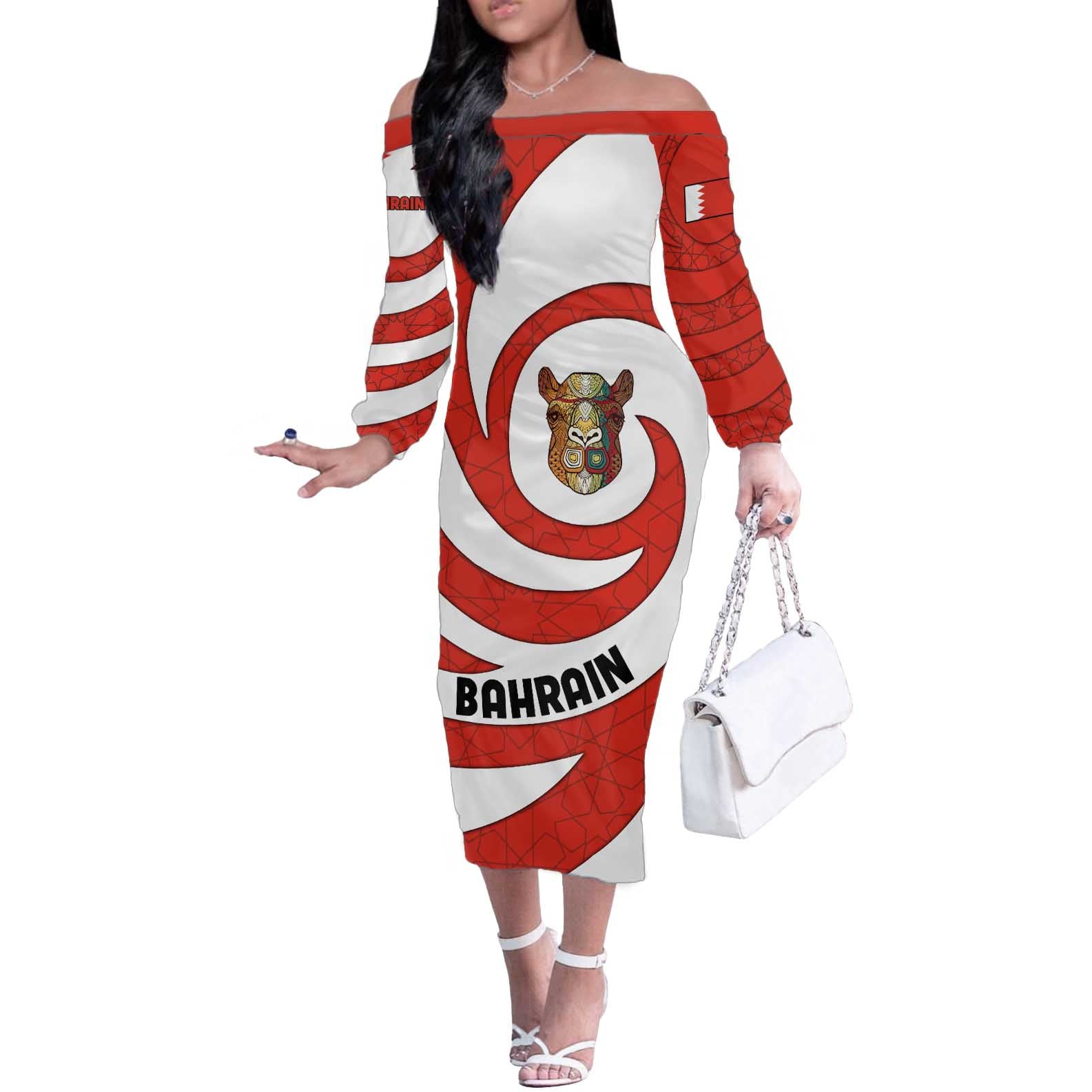 Bahrain Tribal Camel Off The Shoulder Long Sleeve Dress with Red Mosaic Swirl and Heritage Slogan