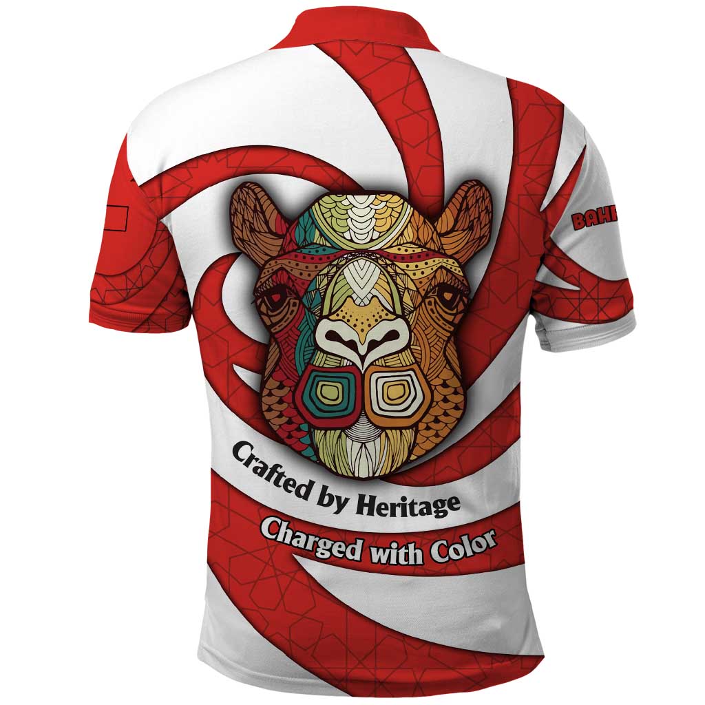 Bahrain Tribal Camel Polo Shirt with Red Mosaic Swirl and Heritage Slogan