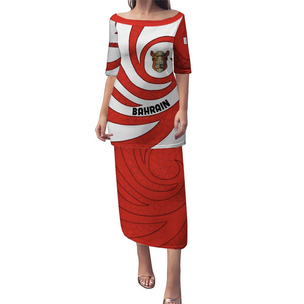 Bahrain Tribal Camel Puletasi with Red Mosaic Swirl and Heritage Slogan