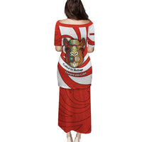 Bahrain Tribal Camel Puletasi with Red Mosaic Swirl and Heritage Slogan