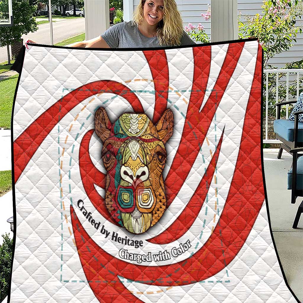 Bahrain Tribal Camel Quilt with Red Mosaic Swirl and Heritage Slogan