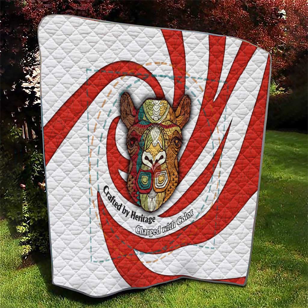 Bahrain Tribal Camel Quilt with Red Mosaic Swirl and Heritage Slogan